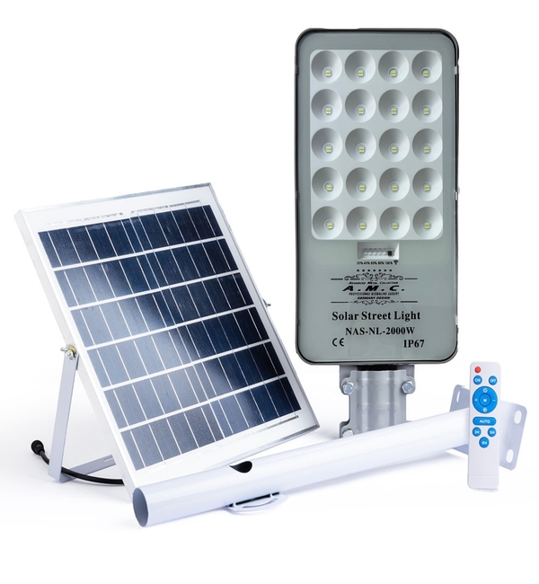 Lampione solare 2000w a led 6500k con pannello solare e telecomando ip67.