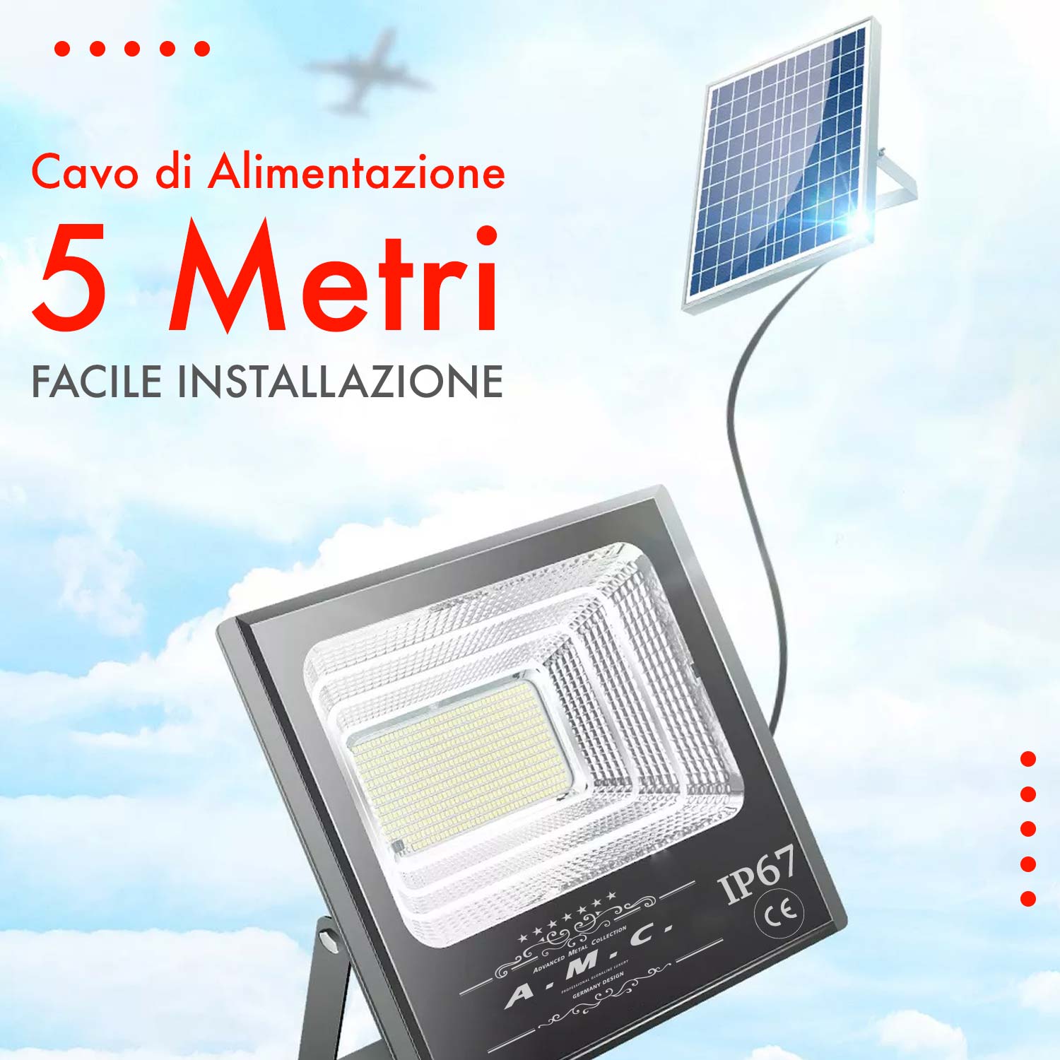 Faro a led 300W, pannello solare con sensore crepuscolare e telecomando, IP 67