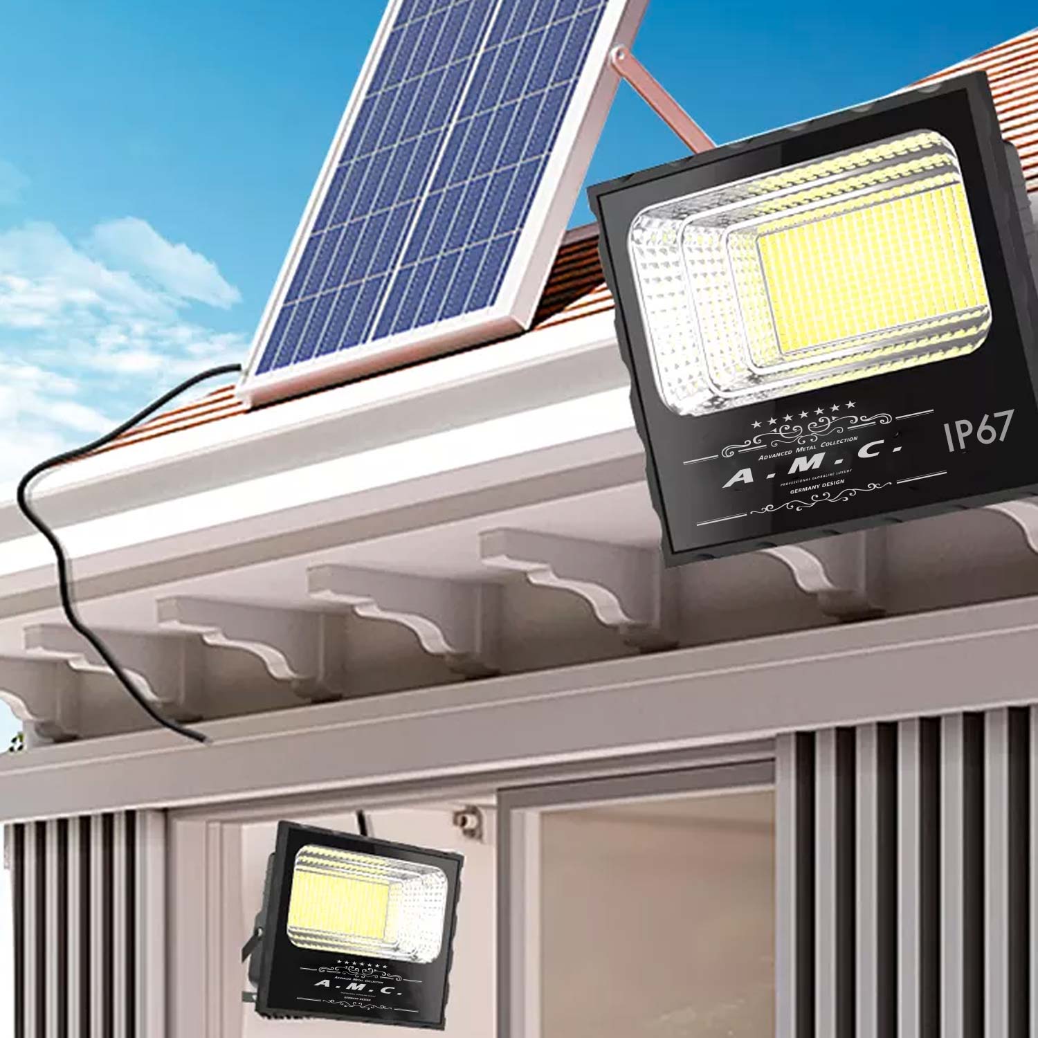 Faro a led 300W, pannello solare con sensore crepuscolare e telecomando, IP 67