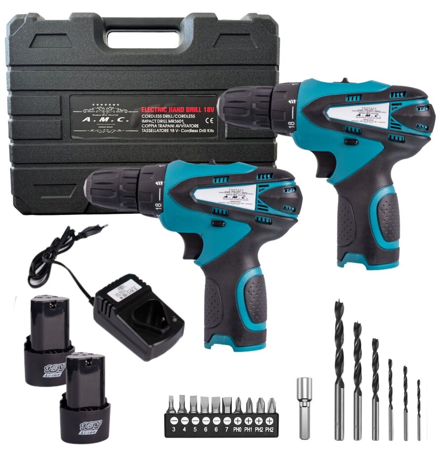 Coppia trapano avvitatore a batteria professionale 18v, 2 batterie, 17 accessori.