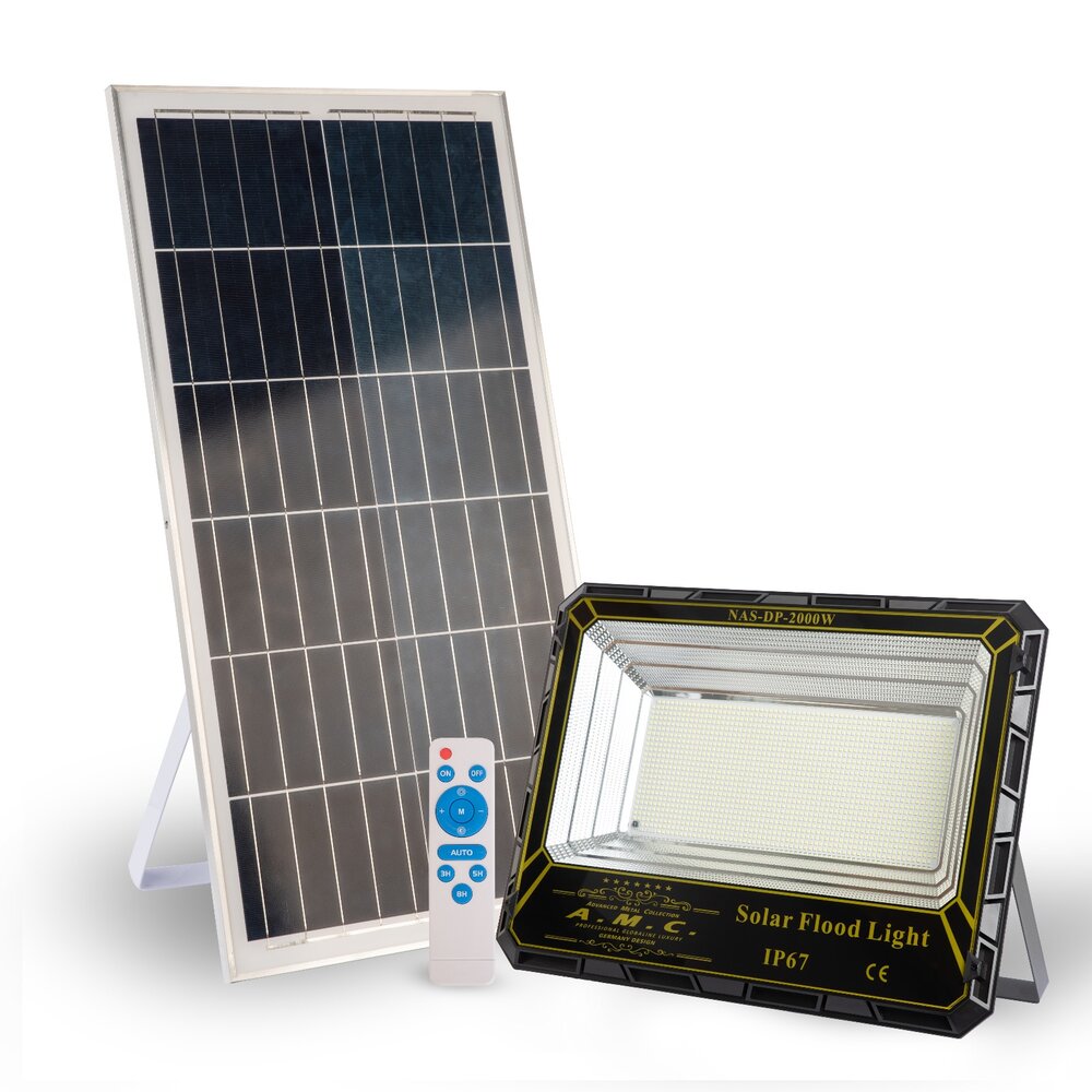 Faro solare a led 2000w pannello solare con sensore e telecomando, ip 67.