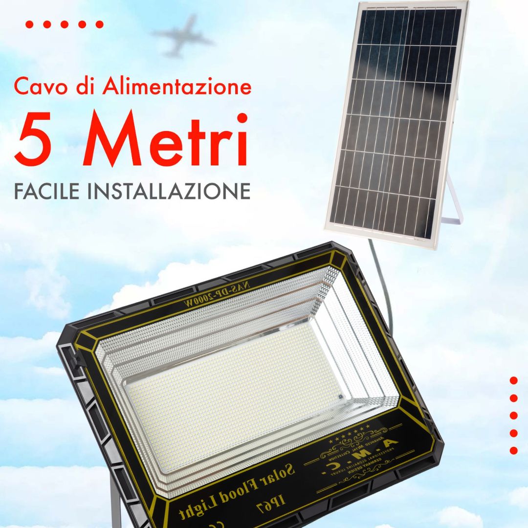 Faro Solare a Led 2000W pannello solare con sensore e telecomando, IP 67