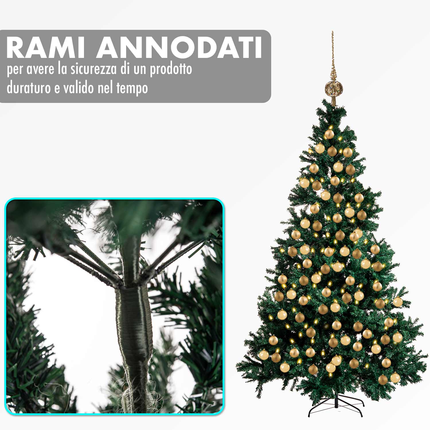 Albero di natale 210 cm in pino artificiale verde 1773 rami annodati rinforzati