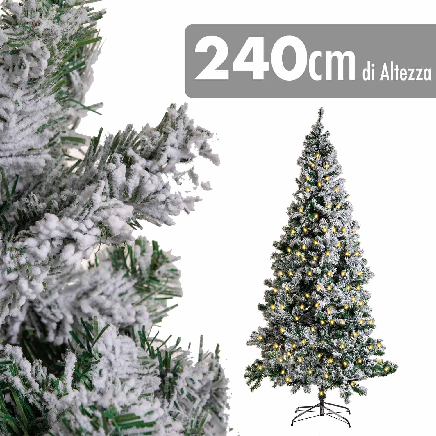 Albero di natale innevato da 240cm in pino verde 1200 rami annodati e rinforzati