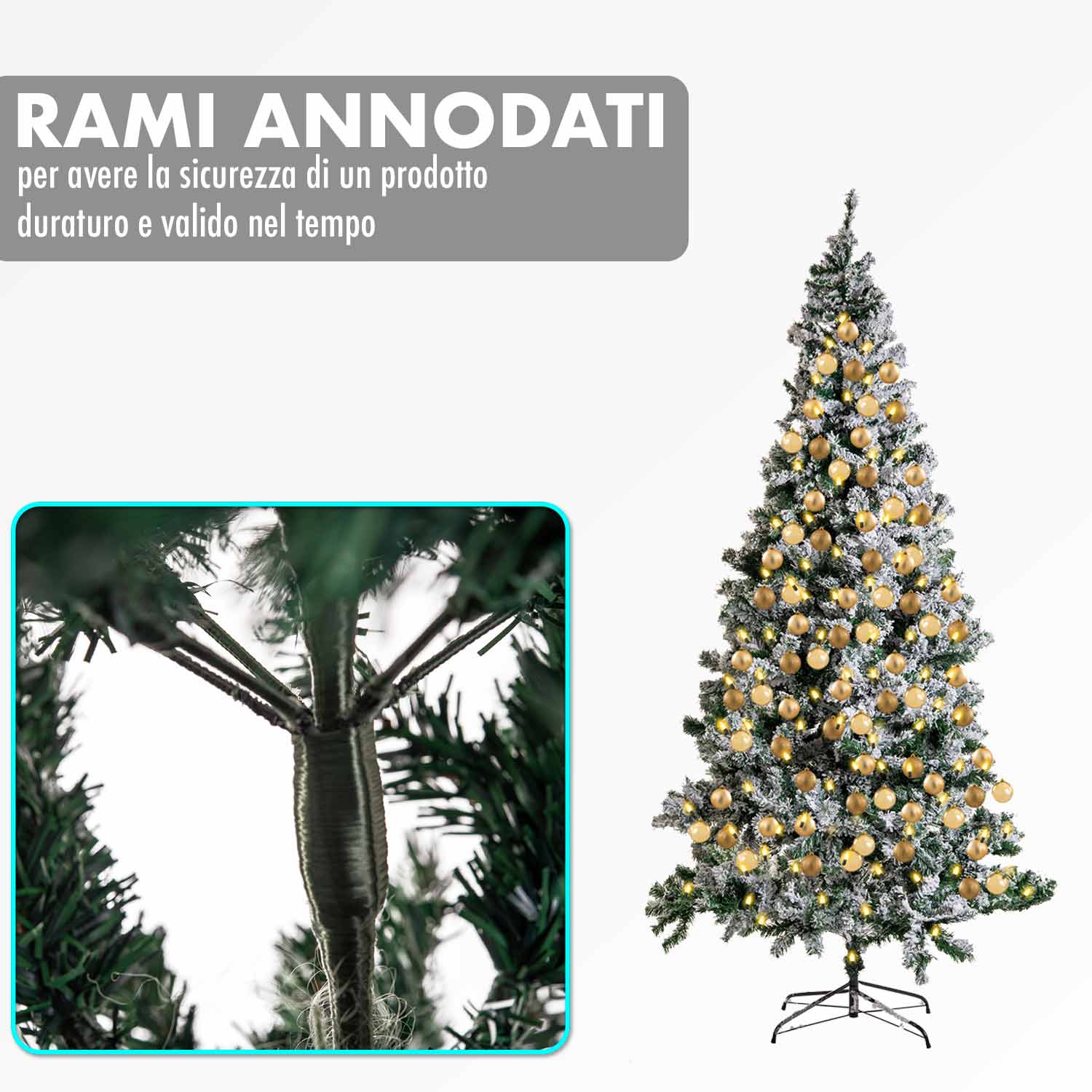 Albero di natale innevato da 240cm in pino verde 1200 rami annodati e rinforzati